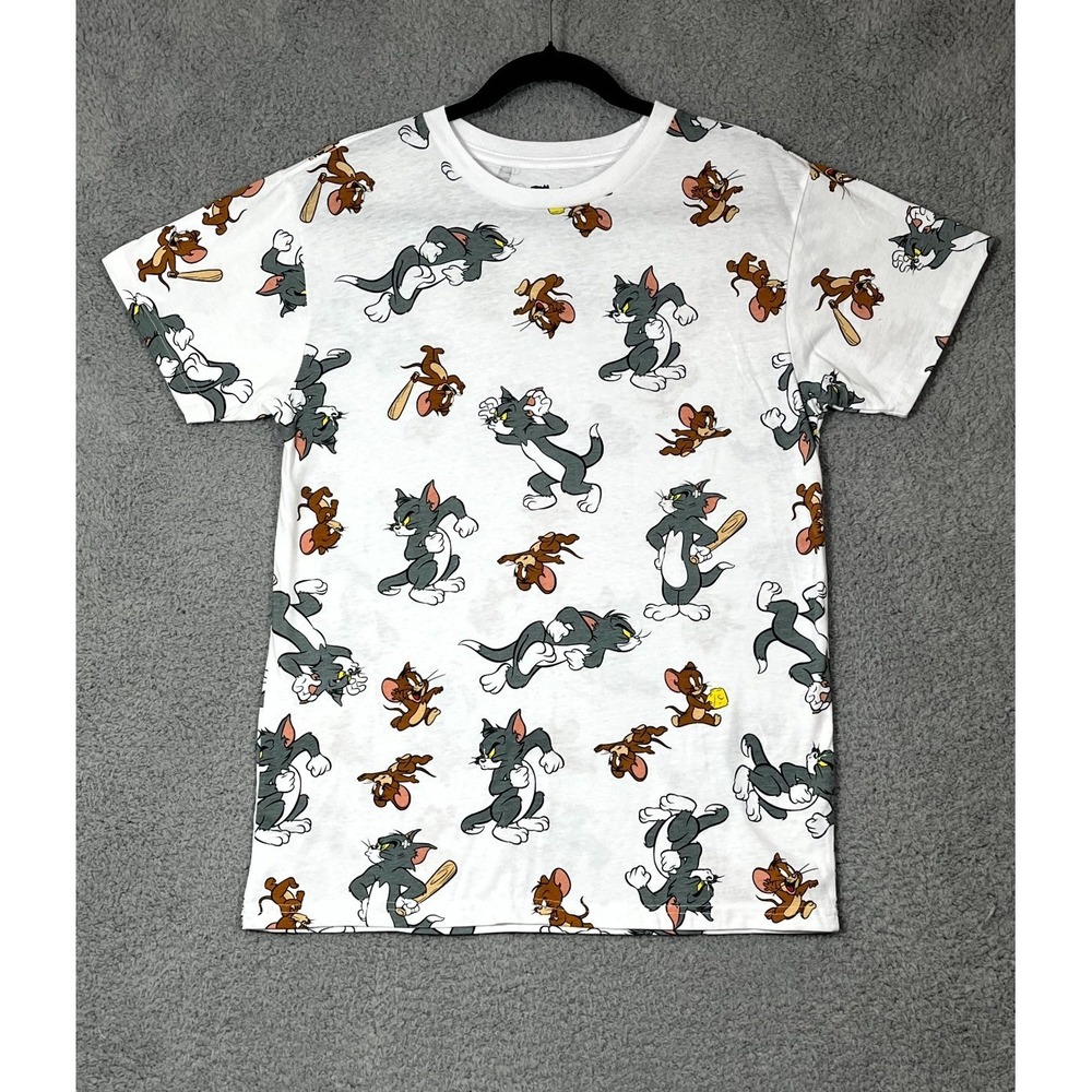Tom & Jerry T Shirt Women M White Cotton Animated Cartoon All Over Graphic Print